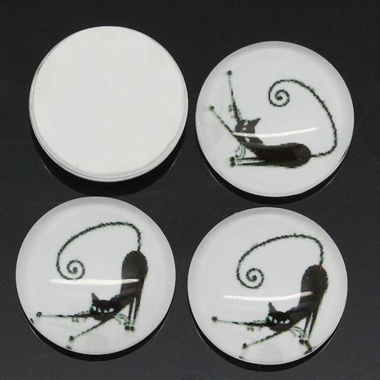 CA082A - 10 pcs Circle Black and White Cat Glass Round Dome Seals Tiles Cabochons - 12mm (1/2 in) - Single - Pouncing