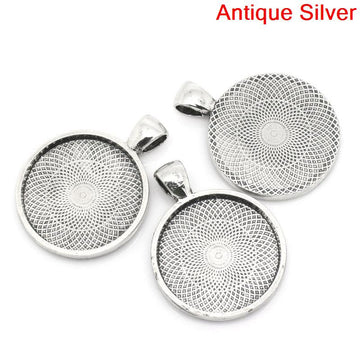 P743 - 10 Antique Silver Tone Pendant Trays Circle Posts Settings Bezels Cabochons - (1") 25mm Glue Pad Setting (1 inch)