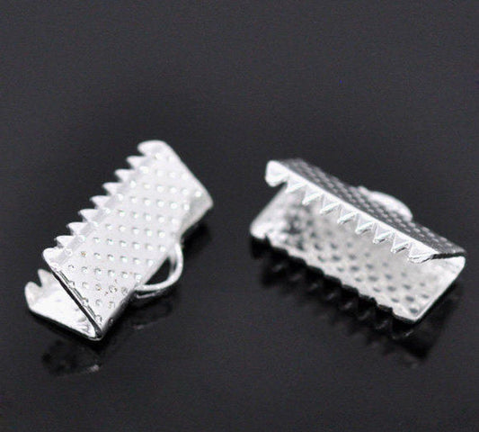 CR056 - 100 pcs. Silver Plated Textured Ribbon Crimp Ends - 13x8mm - 13mm x 8mm