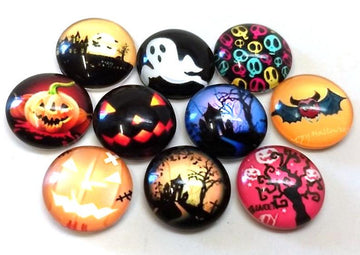CA935 - 10 pcs Circle Halloween Jack O Lantern Glass Round Dome Seals Tiles Cabochons - 12mm - Set 2