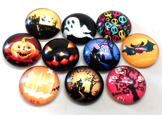 CA935 - 10 pcs Circle Halloween Jack O Lantern Glass Round Dome Seals Tiles Cabochons - 12mm - Set 2