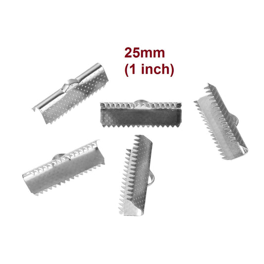 CR044 - 10 pcs 304 Stainless Steel Smooth Ribbon Crimps End Caps - 25mm x 9mm - Silver Tone - Great for 1" Ribbons &amp; Cords! Tarnish Resistant!