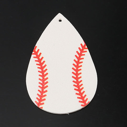 P215 - 10 pcs. White and Red Baseball Ball Faux Leather Dangle Charms Pendants - Teardrop - Sports - 57mm (2.25") - Double-Sided
