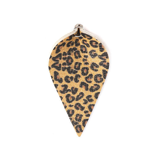 P233 - 10 pcs. Leopard Faux Leather Dangle Charms Pendants - Pinch Leaf - Black Yellow - Silver Tone Jump Ring - 62mm (2.5") - Double Sided