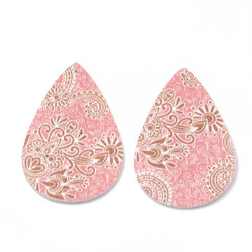 P806 - 10 pcs. Pink and Brown Filigree Floral Faux Leather Dangle Charms Pendants - Teardrop - 55mm (2.17") - Double Sided - Great for Earrings
