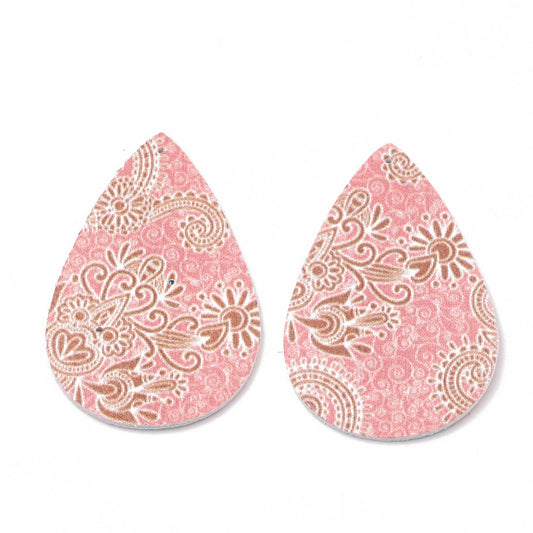 P806 - 10 pcs. Pink and Brown Filigree Floral Faux Leather Dangle Charms Pendants - Teardrop - 55mm (2.17") - Double Sided - Great for Earrings