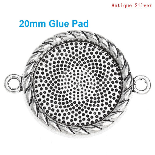 P842 - 10 pcs. Antique Silver Tone Circle Round Bezel Cabochon Cameo Connector Tags Trays - 20mm Glue Pad