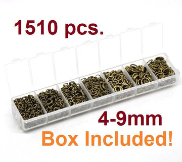 J181 - Box with Assortment of 1510pcs Antique Bronze Open Jump Rings- 4mm to 9mm