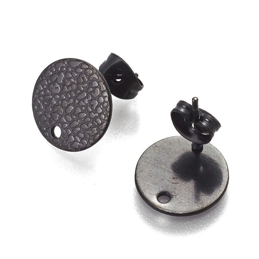 E498 - 10 pcs. (5 pairs) 304 Stainless Steel Gunmetal Black Earring Posts/Bases/Studs/Settings - 12mm Diameter - Hole Size: 1.8mm - TEXTURED