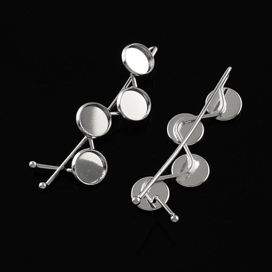 H052 - 5 pcs. - Silver Tone Hair Bobby Pins Cabochons Bezels - 10mm Glue Pad - 4 Bezels - Platinum