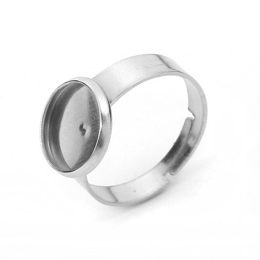 RB043 - 5 pcs. 304 Stainless Steel Silver Tone ADJUSTABLE Cabochon Setting Bezel RING bases settings - Ring Size 6.25 US - Glue Pad 10mm