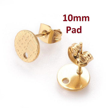 E557 - 10 pcs. (5 pairs) 304 Stainless Steel Golden Earring Posts/Bases/Studs/Settings - 10mm Diameter - Hole Size: 1.2mm - TEXTURED - Style A