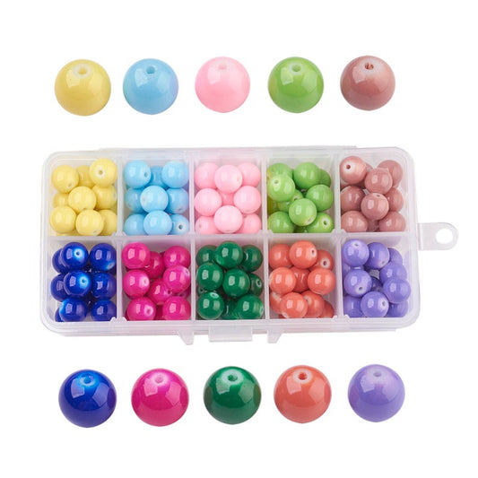 BD043 - 140 Beads - 10mm Assortment Box of Glass Pearl Glossy Round Beads - Hole Size: 1.3mm - 10 Colors