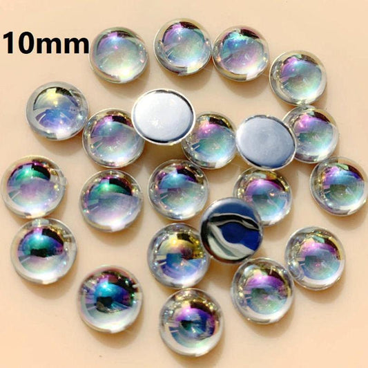 CA970 - 10 pcs Resin Embellishment Cabochons - Clear Multicolor Iridescent - 10mm - Round - Bubble Style