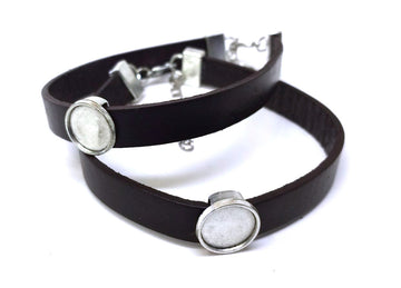 B078 - 2 pcs. Dark Brown REAL Leather Bracelets with 12mm Glue Pad Bezel Trays and Extender Chains - Adjustable from 7" to 9"