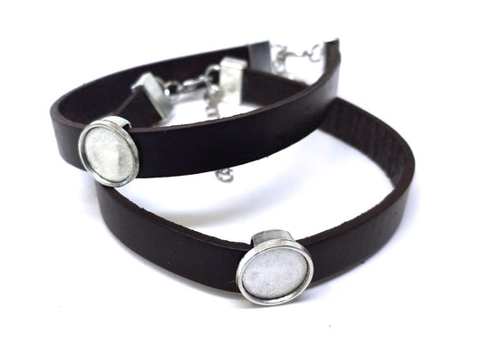 B078 - 2 pcs. Dark Brown REAL Leather Bracelets with 12mm Glue Pad Bezel Trays and Extender Chains - Adjustable from 7" to 9"