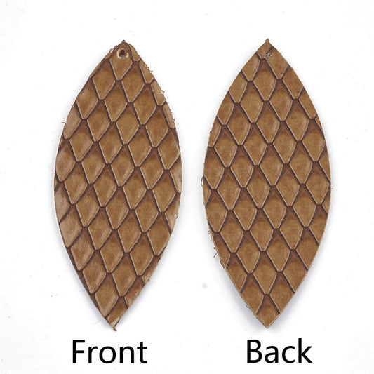 P1124 - 10 pcs. Brown Faux Leather Dangle Charms Pendants - Marquise - 59mm (2.33") - Scales - Great for Earrings or Dangles! Double Sided