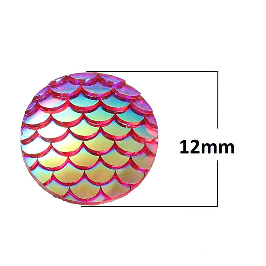 CA010 - 10 pcs Mermaid Fish Scales Resin Carved Embellishment Cabochons Pink Red Multicolor AB - 12mm