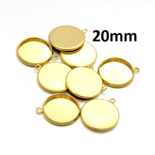 MP0022 - Gold Plated Circle Round Bezel Cabochon Pendant Tags Trays - 20mm Glue Pad - Single Loop - Hole Size: 1.4mm
