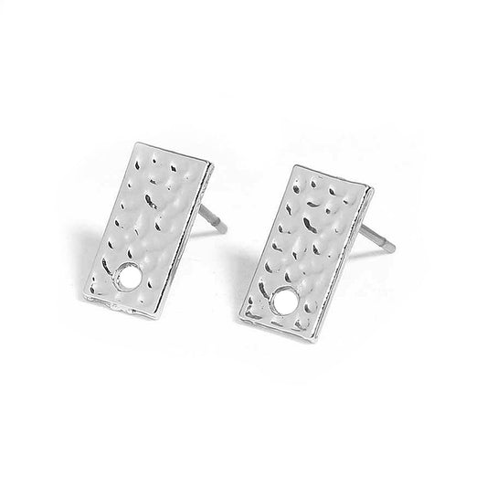 E348 - 10 pcs. (5 pairs) Silver Tone Earring Posts/Bases/Studs/Settings - Hammered Style - Rectangle - 12mm x 6mm - Hole Size: 1.7mm