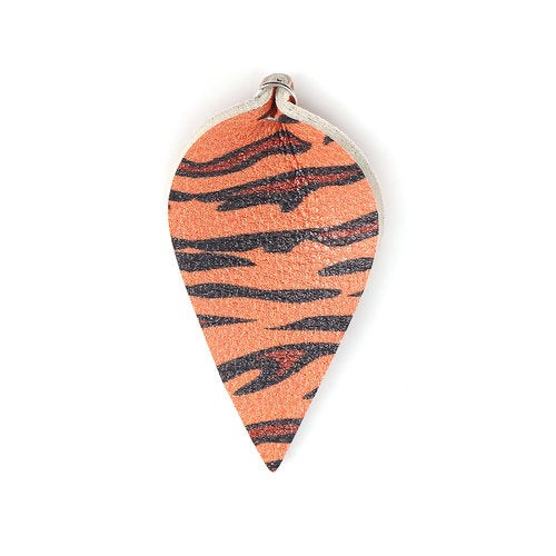 P386 - 10 pcs. Tiger Faux Leather Dangle Charms Pendants - Pinch Leaf - Black Orange - Silver Tone Jump Ring - 62mm (2.5") - Double Sided