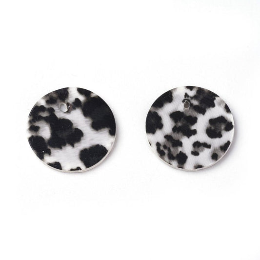 P2019 - 10 pcs. Leopard Animal Faux Leather Dangle Charms Pendants - Black and White - Circle - 24mm (0.95") - Double Sided