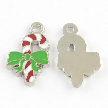P560 - 10 pcs. Silver Tone Platinum Enamel Candy Cane Striped Christmas Charms Pendants with Green Bow - 24mm x 15mm - Hole Size: 2mm