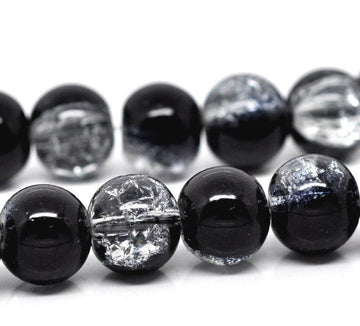 BD255 - 10mm - 80 pcs Black Clear Crackle Glass Round Beads - 31.5 inch strand