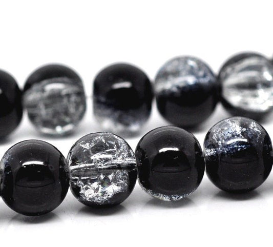 BD255 - 10mm - 80 pcs Black Clear Crackle Glass Round Beads - 31.5 inch strand