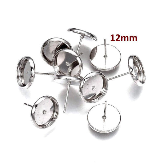 E458 -  50 pcs. Silver Tone Earring Posts Studs Settings Bezels Cabochons Tacks- 12mm Glue Pad Setting