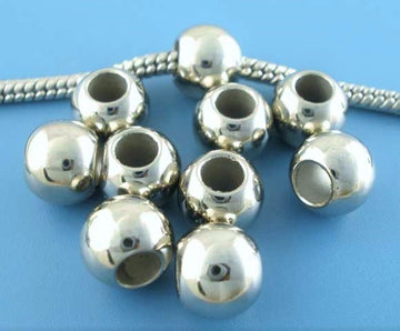 BD146 - 100 pcs Silver Tone Acrylic Smooth Ball Spacer Beads - 9mm - Large Hole: 4.8mm - Fits European Cords and Paracord!