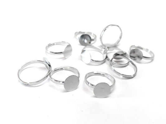 RB046 - 20 pcs. Silver Tone ADJUSTABLE RING bases - Ring Size 7.5 - Flat Glue Pad 10mm