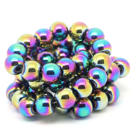 BD339 - 52 pcs. - 8mm Rainbow, Blue, Pink, Golden and Purple Hematite Round Beads - 15 inch strand - Hole Size: 1.6mm