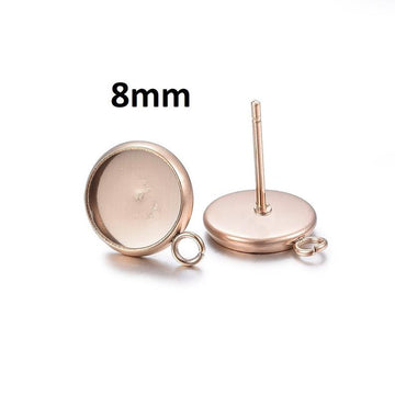 E407 - 10 pcs. 304 Stainless Steel Rose Gold Earring Posts Studs Settings Bezels Cabochons Tacks with Loop - 8mm Glue Pad Setting - Parallel Loop