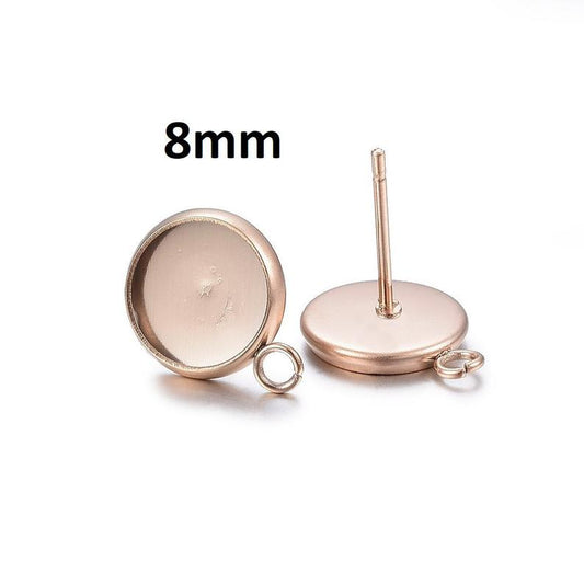 E407 - 10 pcs. 304 Stainless Steel Rose Gold Earring Posts Studs Settings Bezels Cabochons Tacks with Loop - 8mm Glue Pad Setting - Parallel Loop