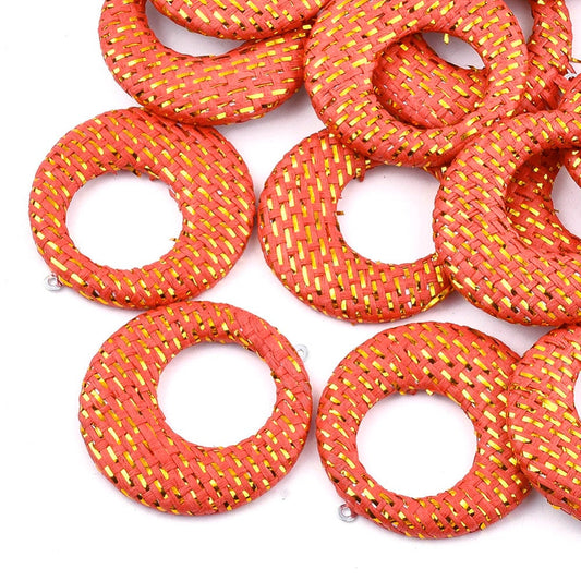 P400 - 4 pcs. Orange and Gold Raffia Dangle Charms Pendants - Circle Hoop Weave - 44mm (1.73") - Great for Earrings or Dangles!