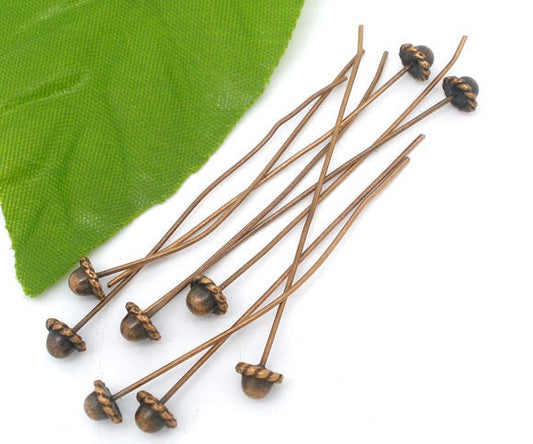 A039 - 30 pcs. Copper 3D Fancy Cap Hat Ball Head Pins - 55mm x 0.7mm (2.17") - 21 Gauge