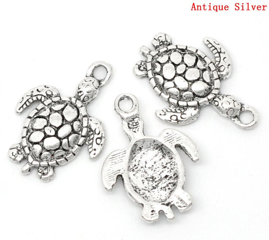 P1101 - 10 pcs. Antique Silver Turtle Tortoise Charms Pendants - 22x16mm