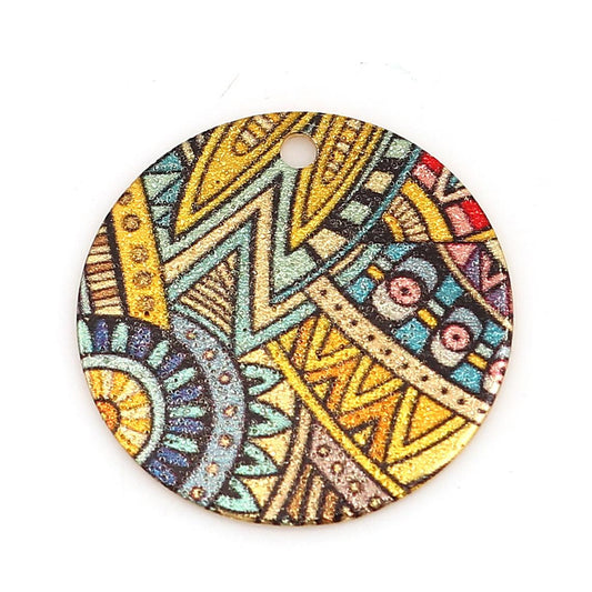P2047 - 10 pcs. Gold Plated Multicolor Enamel Circle Metal Dangle Charms Pendants - Patchy Flower - 20mm - 0.8" - Great for Earrings or Dangles!