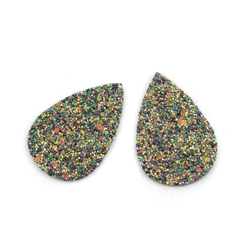 P724 - 10 pcs. Green Multicolor Glitter Faux Leather Dangle Charms Pendants - Teardrop - 55mm (2.17") - Great for Light Earrings! - Double-Sided
