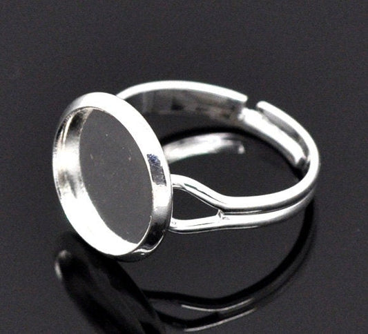 RB021A - 1 pc. Silver Plated ADJUSTABLE Cabochon Setting Bezel RING bases settings - Ring Size 6.25 US - Glue Pad 12mm (0.47 in)