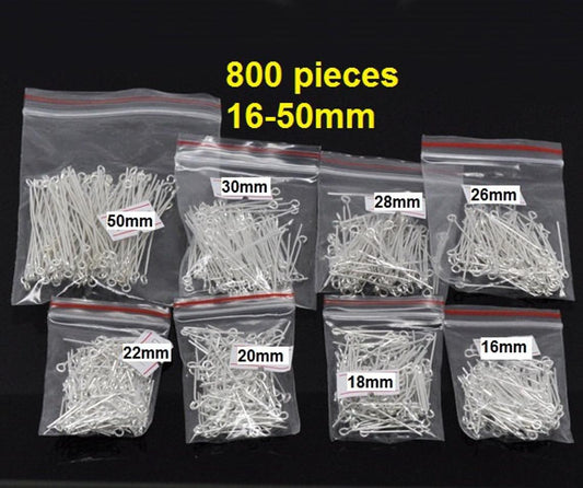 A046 - 800 pcs. Silver Plated Eye Head Pins - 16mm to 50mm - Assortment Mix - 21 Gauge