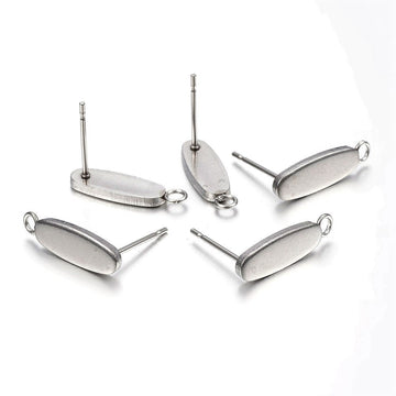 E515 - 10 pcs. (5 pairs) 304 Stainless Steel Oval Earring Posts / Bases/ Studs / Settings with Backs - 16mm x 4.5mm - Silver - with Loop