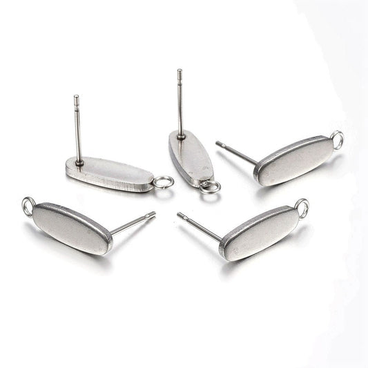 E515 - 10 pcs. (5 pairs) 304 Stainless Steel Oval Earring Posts / Bases/ Studs / Settings with Backs - 16mm x 4.5mm - Silver - with Loop