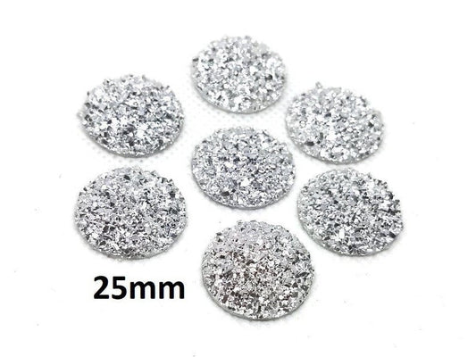 CA627 - 10 pcs Druzy Resin Embellishment Cabochons Silver - 25mm (1 inch) - Dome Style
