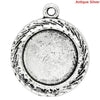 P463 - 10pcs. Antique Silver Circle Round Bezel Cabochon Pendant Tags Trays - 12mm Glue Pad Settings - Carved Design