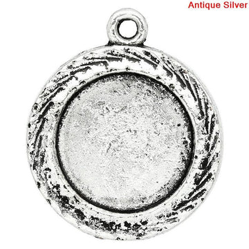 P463 - 10pcs. Antique Silver Circle Round Bezel Cabochon Pendant Tags Trays - 12mm Glue Pad Settings - Carved Design