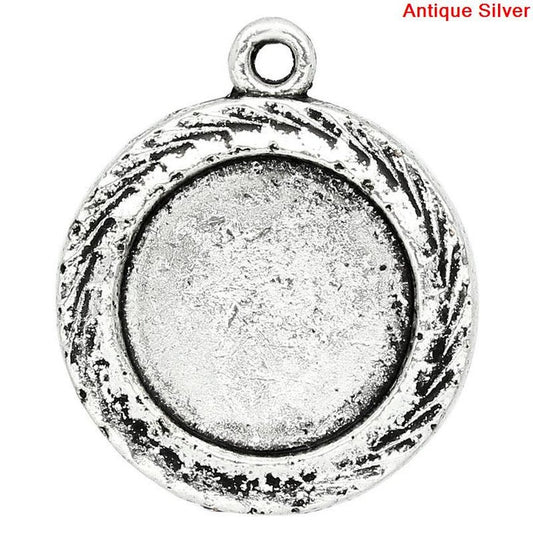 P463 - 10pcs. Antique Silver Circle Round Bezel Cabochon Pendant Tags Trays - 12mm Glue Pad Settings - Carved Design