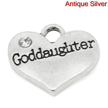 P2012 - 10 pcs. Antique Silver "Goddaughter" charm with rhinestone - 17mm X 14mm