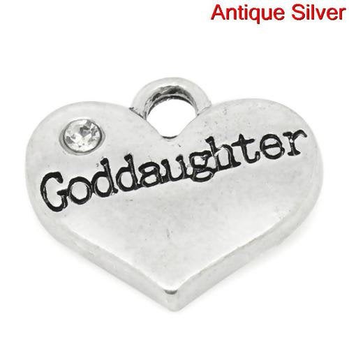 P2012 - 10 pcs. Antique Silver "Goddaughter" charm with rhinestone - 17mm X 14mm